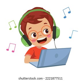 cute boy studying computer and listening to music