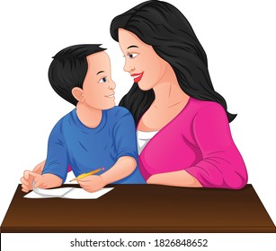 cute boy studying with his mother