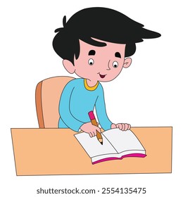 Cute boy studying while sitting on the chair vector illustration