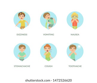 Cute Boy Suffering from Different Symptoms Set, Dizziness, Vomiting, Nausea, Stomach Ache, Cough, Toothache Vector Illustration in Fla Style