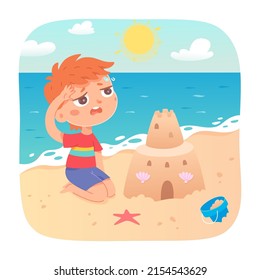 Cute boy suffering from heat on summer beach vector illustration. Cartoon child feeling tired in hot weather, exhausted kid building sand castle near water. Health, vacation, sunstroke concept