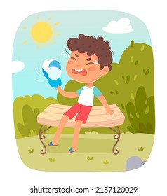 Cute boy suffering from heat vector illustration. Cartoon little child sitting on park bench under sun, kid waving cap to cool body and face skin in summer hot weather. Sunstroke, heatstroke concept