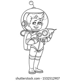 Cute boy in suit of an astronaut with a rocket in his hands outlined for coloring page