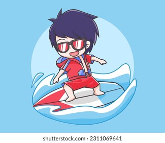Cute boy in summer time cartoon illustration