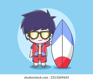 Cute boy in summer time cartoon illustration
