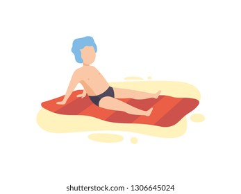 Cute Boy Sunbathing on Beach on Summer Holidays Vector Illustration