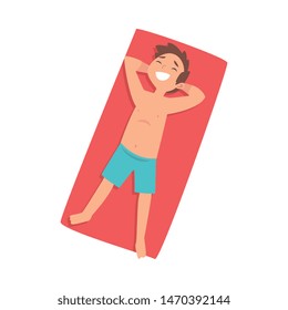 Cute Boy Sunbathing on Beach Towel, Top View of Smiling Lying Boy in Blue Shorts Vector Illustration