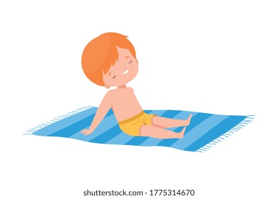 Cute Boy Sunbathing on Towel on the Beach, Kids Summer Activities, Adorable Child Having Fun on Beach on Holidays Cartoon Vector Illustration