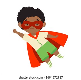 Cute Boy in Superhero Costume and Mask Flying. Happy smile little boy wear red cape. Vector cartoon character isolated on white background. Colorful cute baby illustration.