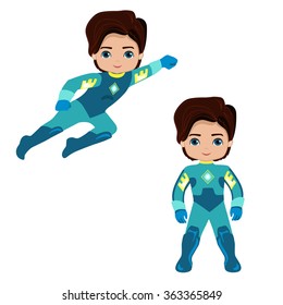 Cute Boy superhero in flight and in standing position