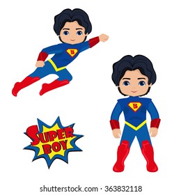 Cute Boy superhero in flight and in standing position.Vector illustration isolated on white background.