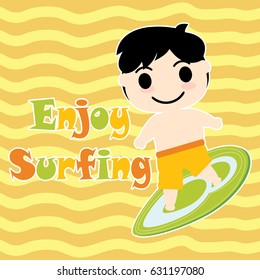 Cute Boy with surfing board vector cartoon, Summer postcard, wallpaper, and greeting card, T-shirt design for kids