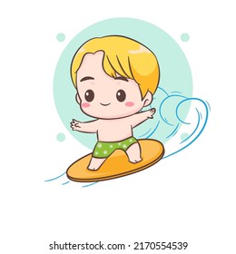 Cute boy surfing on sea. Child on surf board on ocean wave. Chibi cartoon character. Vector art illustration