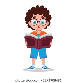 Cute boy is surprised to read a book