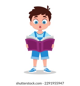 Cute boy is surprised to read a book