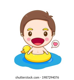 Cute boy with swim ring duck. Isolated white background