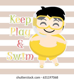 Cute Boy with swim ring vector cartoon, Summer postcard, wallpaper, and greeting card, T-shirt design for kids