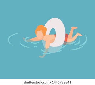 Cute Boy Swimming with Inflatable Lifebuoy, Kid Performing Summer Outdoor Water Activities at Summertime Vector Illustration