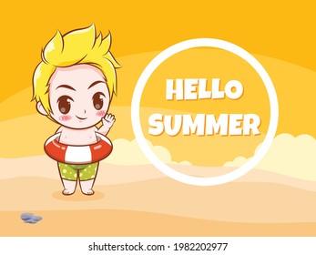 A cute boy with a swimming ring says hello summer. summer greeting concept illustration.