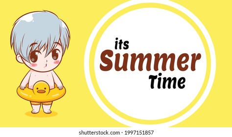Ein süßer Junge und Schwimmring mit einem Sommergrußbanner.