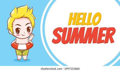 A cute boy and swimming ring with a summer greeting banner.