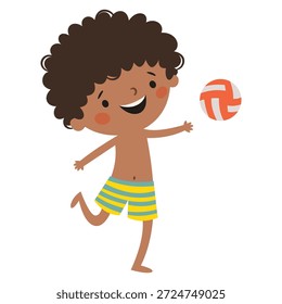 Um menino bonito em calções de natação jogando vôlei. Ilustração de vetor plano em um estilo infantil simples. 