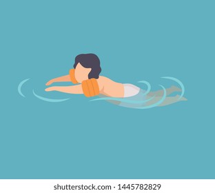 Cute Boy Swimming in Water Wearing Inflatable Armbands, Kid Performing Summer Outdoor Water Activities at Summertime Vector Illustration