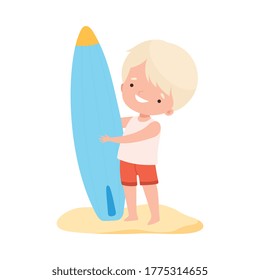 Cute Boy in Swimsuit Standing with Surfboard on Sandy Beach, Kids Summer Activities, Adorable Child Having Fun on Summer Holidays Cartoon Vector Illustration