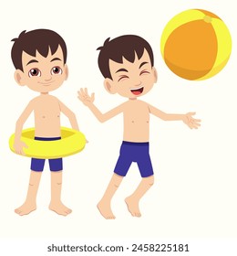 Cute boy in swimsuit using swim ring and playing ball