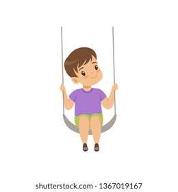 Cute boy swinging on a rope swing, little kid having fun on a swing vector Illustration on a white background