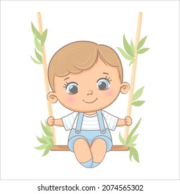 Cute boy swinging on a swing. Vector illustration of a cartoon.