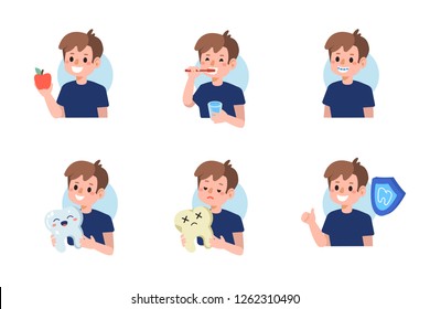 Cute boy take care about his teeth.  Flat cartoon vector illustration isolated on white background.