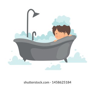 Cute Boy Taking Bath with Foam, Adorable Little Kid in Bathroom, Daily Hygiene Vector Illustration