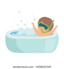 Cute Boy Taking Bath and Playing with Snorkel Mask in Bathtub Full of Foam, Adorable Kid in Bathroom, Daily Hygiene Vector Illustration
