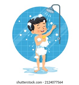 Cute boy is taking a shower in the bathroom. Vector illustration