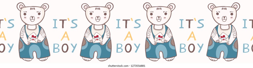 Cute it's a boy teddy bear seamless vector border. New baby announcement print in blue cartoon style. Hand drawn adorable babies shower banner ribbon illustration.