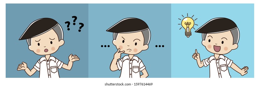 Cute boy in Thai student uniform is confusing then thinking and got the idea. Thinking process. cartoon character vector