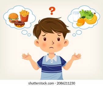 Cute boy was thinking of choosing between junk food or healthy food. Vector illustration