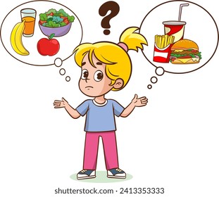 Cute boy was thinking of choosing between junk food or healthy food. Vector illustration