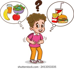 Cute boy was thinking of choosing between junk food or healthy food. Vector illustration