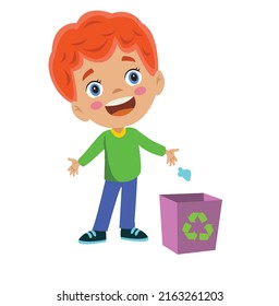 cute boy throwing trash in recycle bin