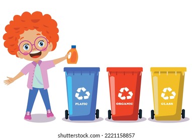 cute boy throwing trash in recycle bin