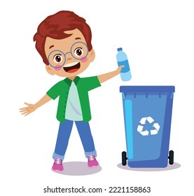 cute boy throwing trash in recycle bin