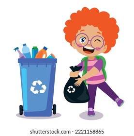 niño lindo tirando basura en la papelera de reciclaje
