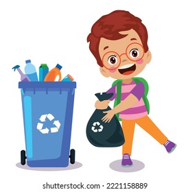 cute boy throwing trash in recycle bin