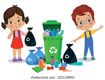 cute boy throwing trash in recycle bin