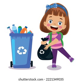 cute boy throwing trash in recycle bin