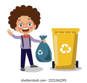 cute boy throwing trash in recycle bin