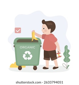 Garoto bonito jogando lixo no lixo de reciclagem. Menino pré-escolar reciclando lixo orgânico. ilustração de vetor plano de desenho animado