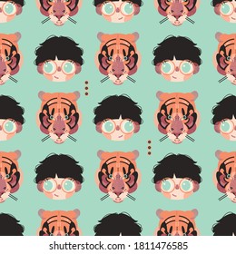 Cute boy and tiger faces in a seamless pattern. Vector illustration